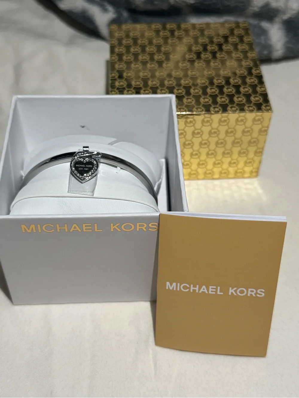 Michael Kors Silver-Tone Heart Charm Bangle with Crystal Accent